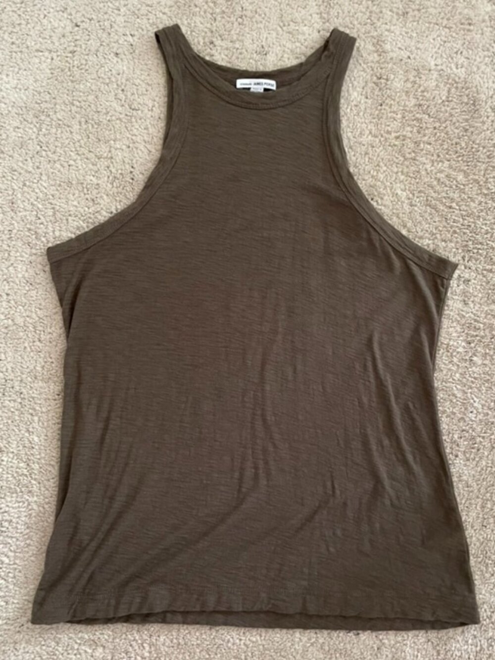 James Perse Khaki Green Brown Jersey Muscle Tank Top High Neck Sz 3 / Large EUC
